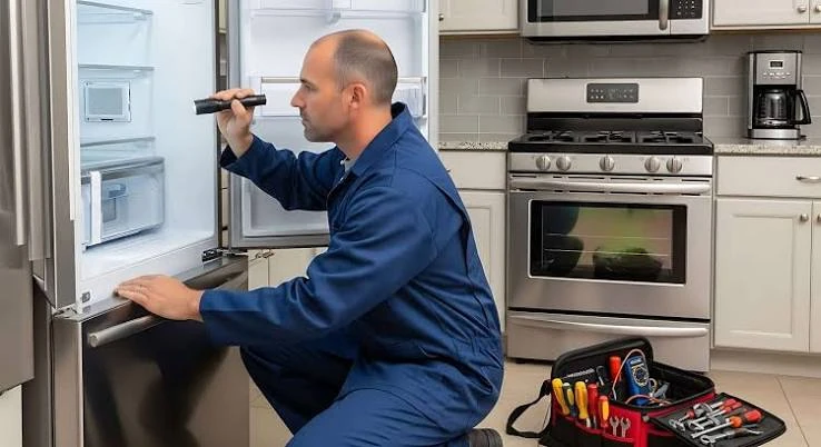 Technician examining an open refrigerator with a flashlight